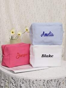 1pc Personalized Embroidered Waffle Jewelry Storage Pouch, Travel Cosmetic Toiletry Bag, Customized Embroidered Makeup Organizer Pouch, Monogram Waffle Makeup Bag - Graduation Gift - Bridesmaid Gift, Classic Makeup Bag Ideal For Dorm Life, Customized Embroidered Mesh Makeup Pouch/Toiletry Organizer, Essential Travel Accessory