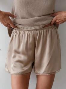 Women's Summer Lounge Shorts Solid Color Satin Elastic Waist Loose Fit Short Pants - Khaki - View 1
