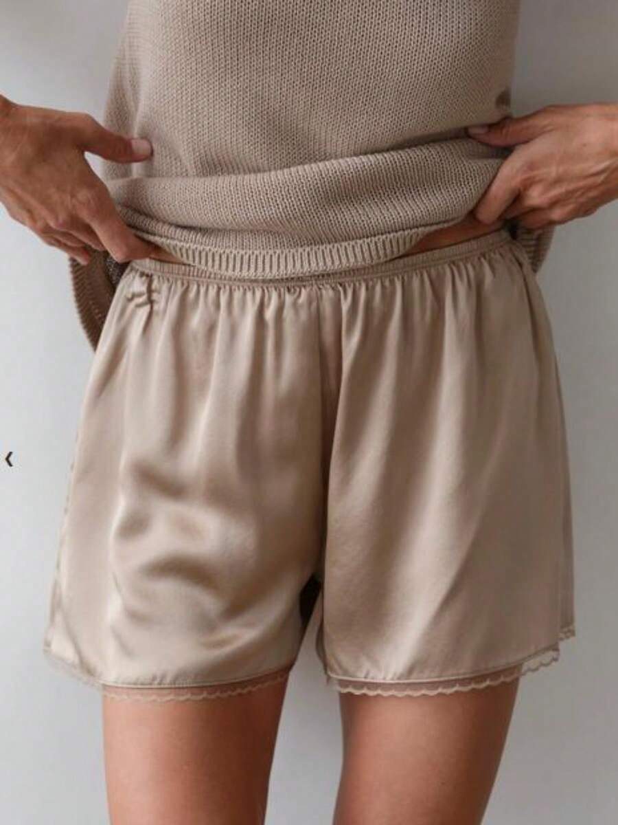 Women's Summer Lounge Shorts Solid Color Satin Elastic Waist Loose Fit Short Pants - Khaki - View 1