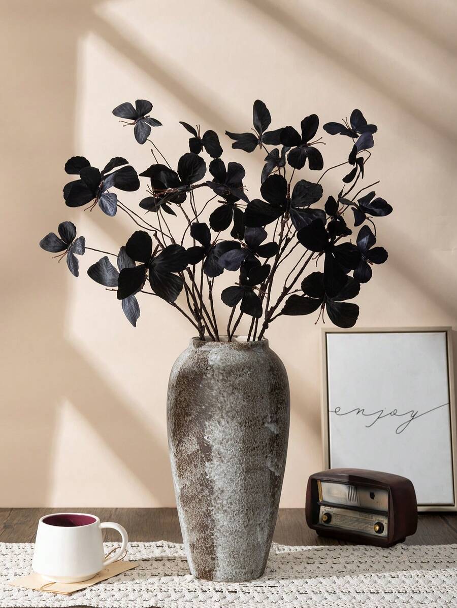 MEHELANY 2支2.5英尺黑色仿真花，逼真蝴蝶枝，长茎仿真蝴蝶，适合秋季餐桌装饰、万圣节、婚礼、派对、户外花园装饰、DIY花环、桌面摆件、家居装饰、感恩节装饰、秋季派对装饰、仿真花、秋季花环 - 黑色 - 查看 1