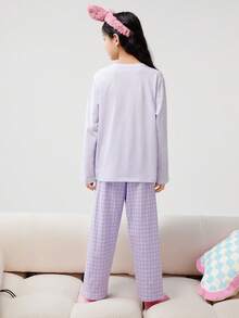 Balabala Set de 2 piezas de pijama de algodón con estampado de letras y dibujos animados para niños y niñas preadolescentes, novedad primavera 2025 - tono morado blanco - Ver 3