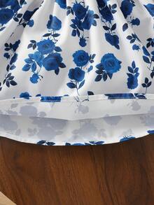 1pc Baby Girls Fluffy Polka Dot & Bow Decor Round Neck Puff Sleeve Patchwork Floral Print Dress For Autumn/Winter