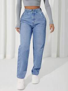 Quần jeans ống đứng cạp cao, lưng thun, kiểu dáng thường ngày, đã qua xử lý giặt, màu cà rốt. - Rửa nhẹ - Xem 8
