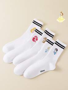 Disney 1/5双公主系列图案女士船袜，黑白条纹，可爱卡通设计，防臭，吸湿排汗，休闲运动风，适合学生/成人作为礼物或日常穿着，袜子 - 彩色 - 查看 4