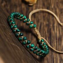 1 Stück Natürliches Malachit Doppelschicht Armband - handgewickelt & geflochten, geschwungene grüne Muster, Boho mehrschichtiges Design, stilvoller Alltagsaccessoire - Malachit - Übersicht 2