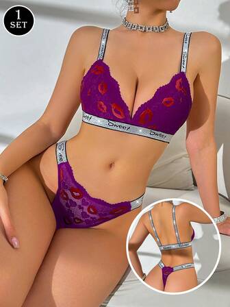 Women's Sexy Lace Lip Embroidery Mesh Silver Strap French Triangle Cup Heart Backless Thong Lingerie Set