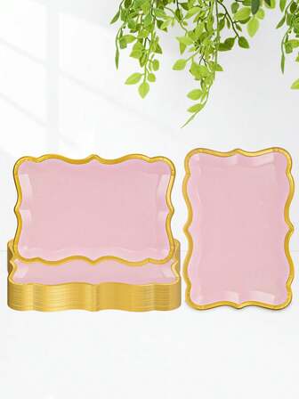 10pcs/20pcs/50pcs Light Pink And Golden Rectangle Paper Plates Trays Pink And Golden Foil Scalloped Elegant Dinner Plates For Cake Tacos Meat Dessert Snack Light Pink Party Supplies For Birthday Babe Shower Tea Party Valentine Christmas Decorations