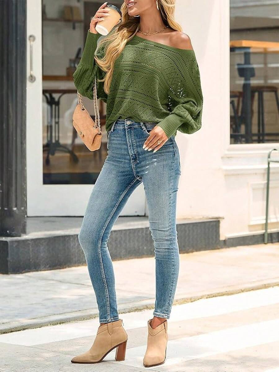 Womens Off Shoulder Sweaters Fall 2025 Oversized Knit Batwing Long Sleeve Crochet Pullover Sweater Tops - xanh quân đội - Xem 1