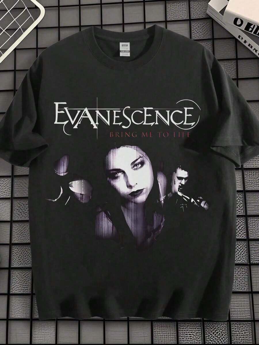 EWH Retro, Rock, Men's Short Sleeve,-Shirt, Evanescence Band, Iconic, Printed, Loose Street, Top, Music, Culture, Street Style - 黑色 - 查看 1
