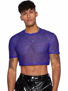 Camiseta de malla de red para hombre, cuello redondo, manga corta, top corto - Azul - Ver 1