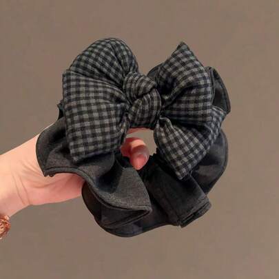 2pcs Women's Black & Beige Korean Style Satin Bow Scrunchies, Elegant Vintage Hair Accessories Suitable For Buns, Ponytails, Daily Wear ,Hair Ties ,Scrunchy Hair Ties