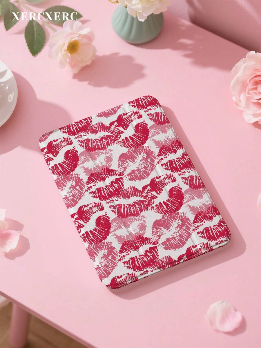 xercxerc Lip Print Pattern With Red And Pink Lipstick Imprints On White Background, PU Cover TPU Back Case, 360-Degree Tri-Fold Stand, Built-In Pen Slot, Shockproof And Drop Protection, Auto Wake/Sleep Function, IPad Air 11inch Case, IPad 10th 9th Generation Case, IPad Pro 12.9/11/10.9 (2025/2024) Case, Galaxy Tab S10+/S9+/S8+ Case, Halloween Fall IPad Case - 白色 - 查看 1
