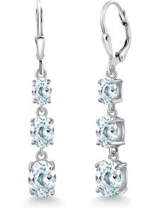 Gem Stone King 3-Stone Leverback Drop Dangle Earrings Women |   925 Sterling Silver |   Gemstone Birthstone |   Oval 8X6MM 7X5MM And 6X4MM |   Fine Jewelry Gifts Her Mom Women Wife - 海藍寶石,三月 - 查看 1