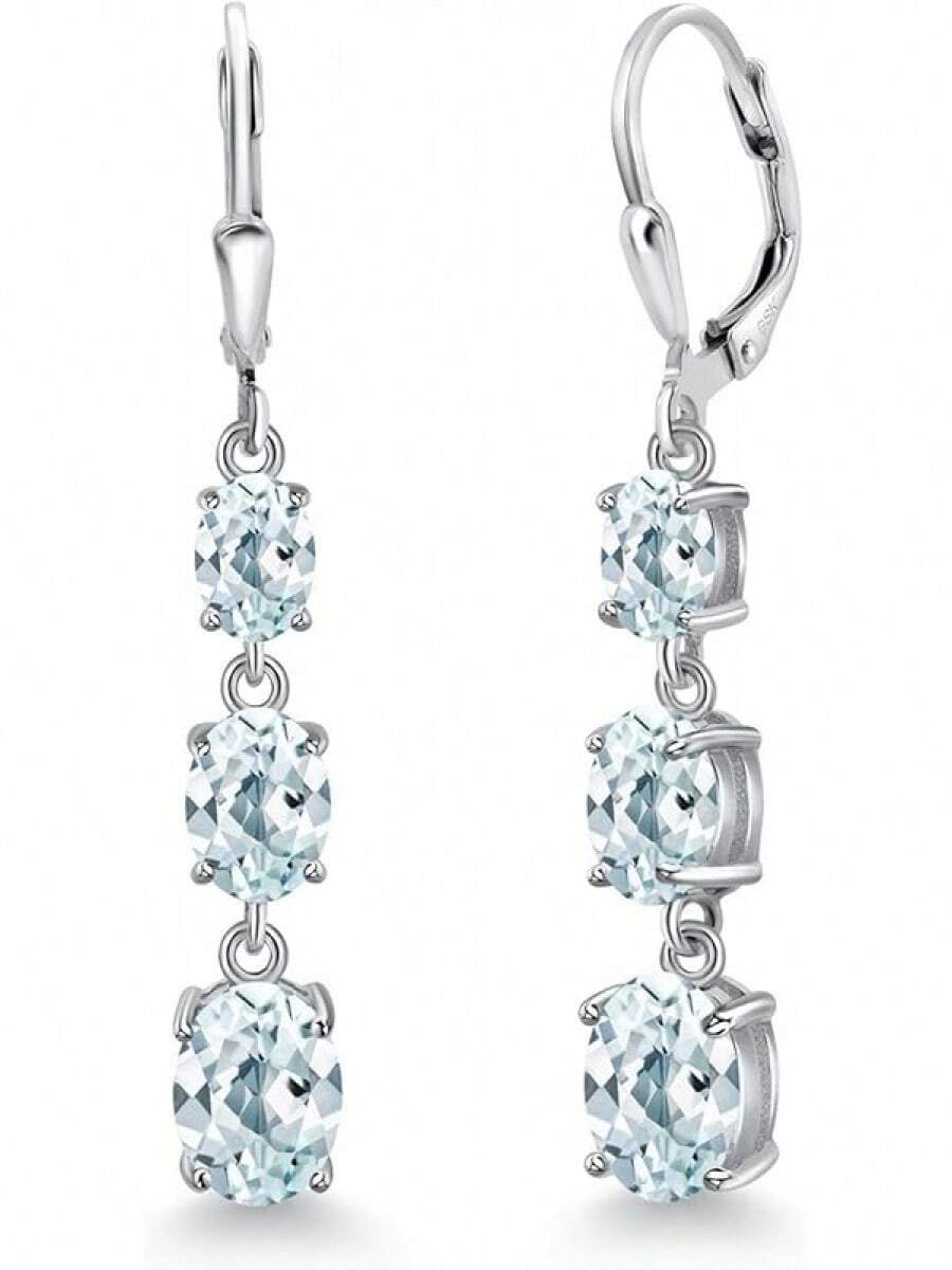 Gem Stone King 3-Stone Leverback Drop Dangle Earrings Women | 925 Sterling Silver | Gemstone Birthstone | Oval 8X6MM 7X5MM And 6X4MM | Fine Jewelry Gifts Her Mom Women Wife - 海藍寶石,三月 - 查看 1