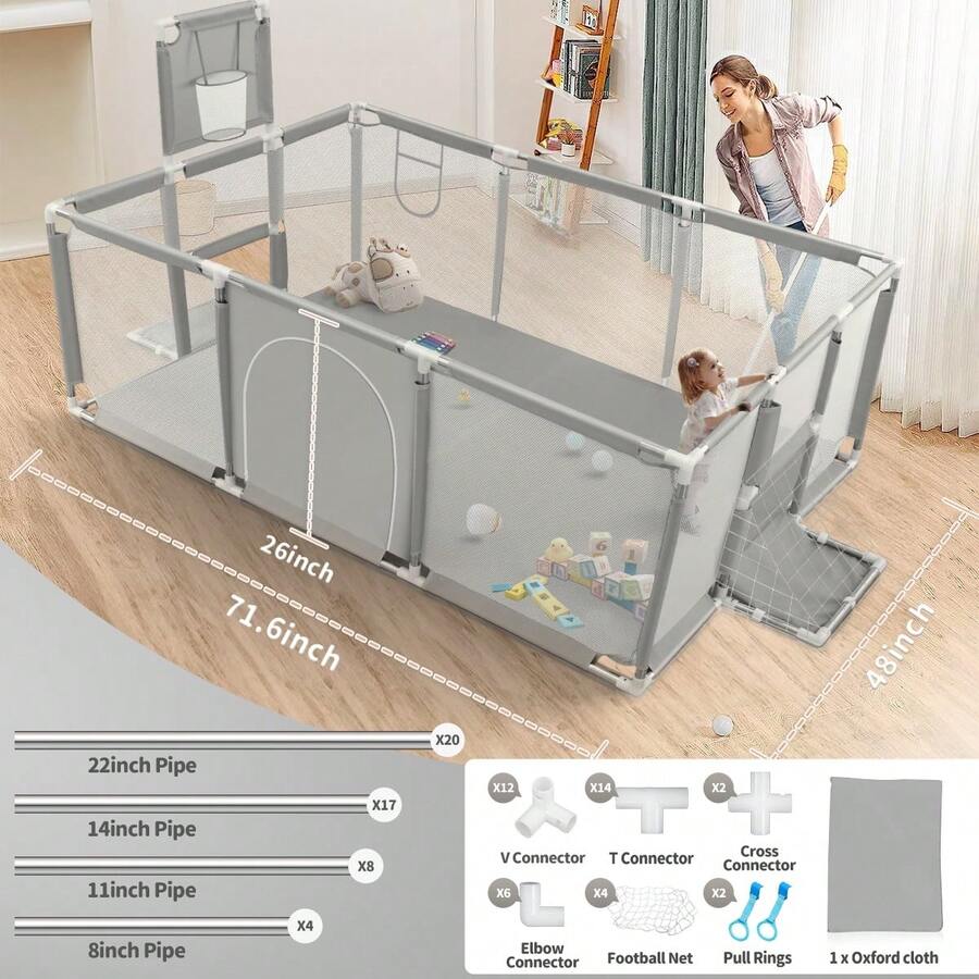 HDJ Extra Large 180cm Playpen With Basketball Hoop And Breathable Net, Indoor And Outdoor (Black, Rectangular, With Basketball Frame) - Grey - View 1