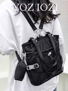 Back To School Casual Niche Design Canvas Backpack, Korean Style Versatile Fashion Handbag & Shoulder Bag, Large Capacity - Black - View 1
