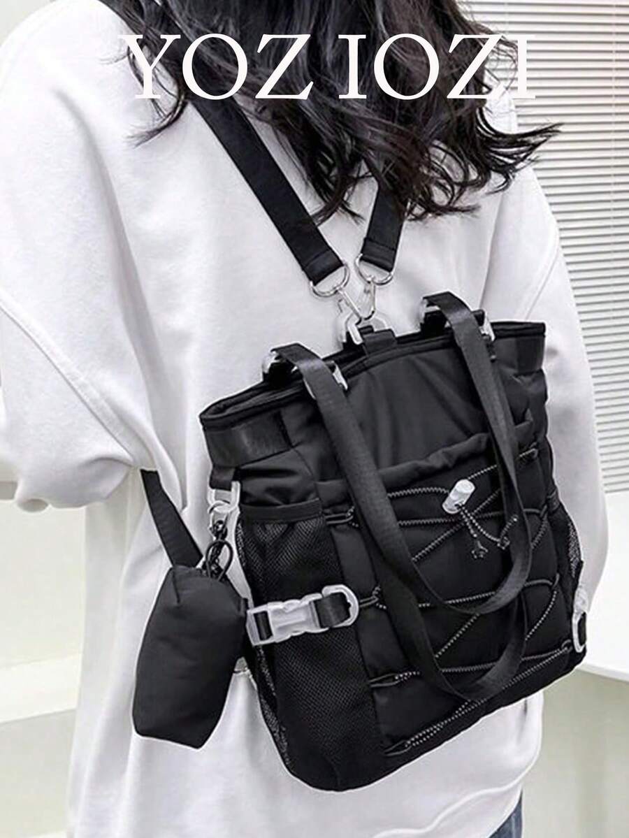 Back To School Casual Niche Design Canvas Backpack, Korean Style Versatile Fashion Handbag & Shoulder Bag, Large Capacity - Black - View 1