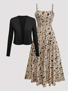 Damen elegantes Leoparden-Muster Trägerkleid mit ausgestelltem Saum & flauschiger Strickjacke Set