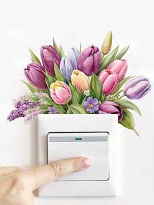 1pc Removable Creative Tulip Switch Sticker, Green Plant Flower Wall Decal, Green Leaf Sticker For Switch, Decorative Art Mural Suitable For Living Room, Bedroom, Bathroom, Kitchen, Home Decor