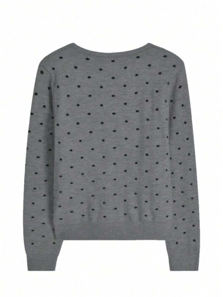 Polka Dot Pattern Vest, Women's Casual Long Sleeve Knit Cardigan, Spring - Dark Grey - View 3