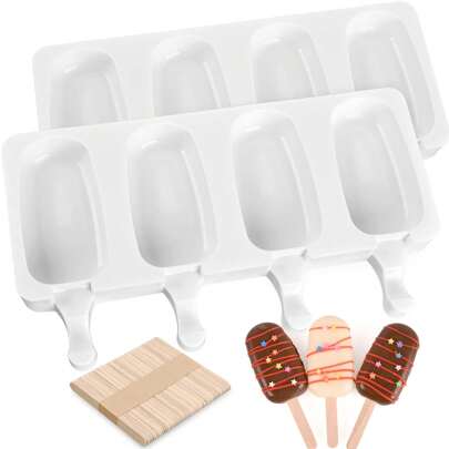 Conjunto de 2 moldes para picolé, moldes de silicone para picolé, 4 cavidades, forma oval para bolo, sorvete, com 50 palitos de madeira para picolé faça você mesmo, transparente