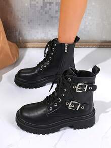 2025新款女士厚底复古百搭英伦风踝靴，适合春秋季 - 黑色 - 查看 4