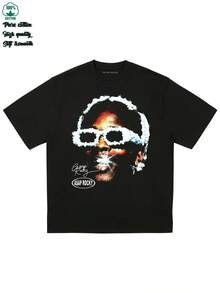 Camiseta gráfica vintage ASAP Rocky - 2025 Nueva camiseta de algodón pesado de 230g con estampado geométrico, ajuste regular de manga corta y cuello redondo, mercancía de concierto de hip hop para hombres, camiseta de hip hop, ropa casual, camiseta de patrón audaz, tela transpirable - Negro - Ver 1