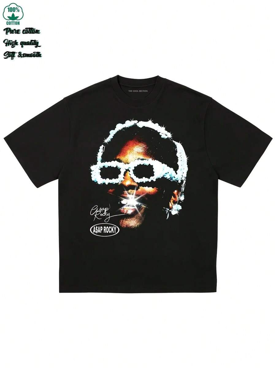 Camiseta gráfica vintage ASAP Rocky - 2025 Nueva camiseta de algodón pesado de 230g con estampado geométrico, ajuste regular de manga corta y cuello redondo, mercancía de concierto de hip hop para hombres, camiseta de hip hop, ropa casual, camiseta de patrón audaz, tela transpirable - Negro - Ver 1