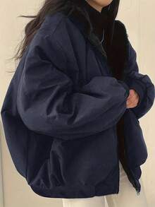 女式超大号连帽外套，仿毛领，修身廓形，双面口袋，可双面穿，休闲街头风格，秋冬短款夹克 - 藏蓝色 - 查看 7