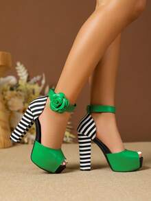 Giày cao gót nữ mùa xuân/hè, thiết kế hoa hồng, thích hợp cho đám cưới, tiệc tùng, hở mũi, gót dày, đế platform, sandal chống thấm nước. - màu xanh lá - Xem 2