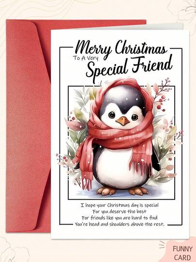 1PC Cute Christmas Card With Envelope - "Penguin In Red Scarf" Design, Festive Greeting Card, Suitable For Friends, Family, Couples & Colleagues – Adorable Animal Design, Warm Greetings, Penguin Gift, Christmas-Themed Design