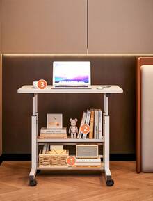 1pc Adjustable Height Sofa Side Table, Adjustable Bedside Table, 3 Tier Shelves Overbed Table With 360° Swivel Wheels 23.6-35.4in Height Adjustable Mobile Laptop Table Standing Rolling Bedside Table For Home Living Room Bedroom - 木紋 - 查看 4