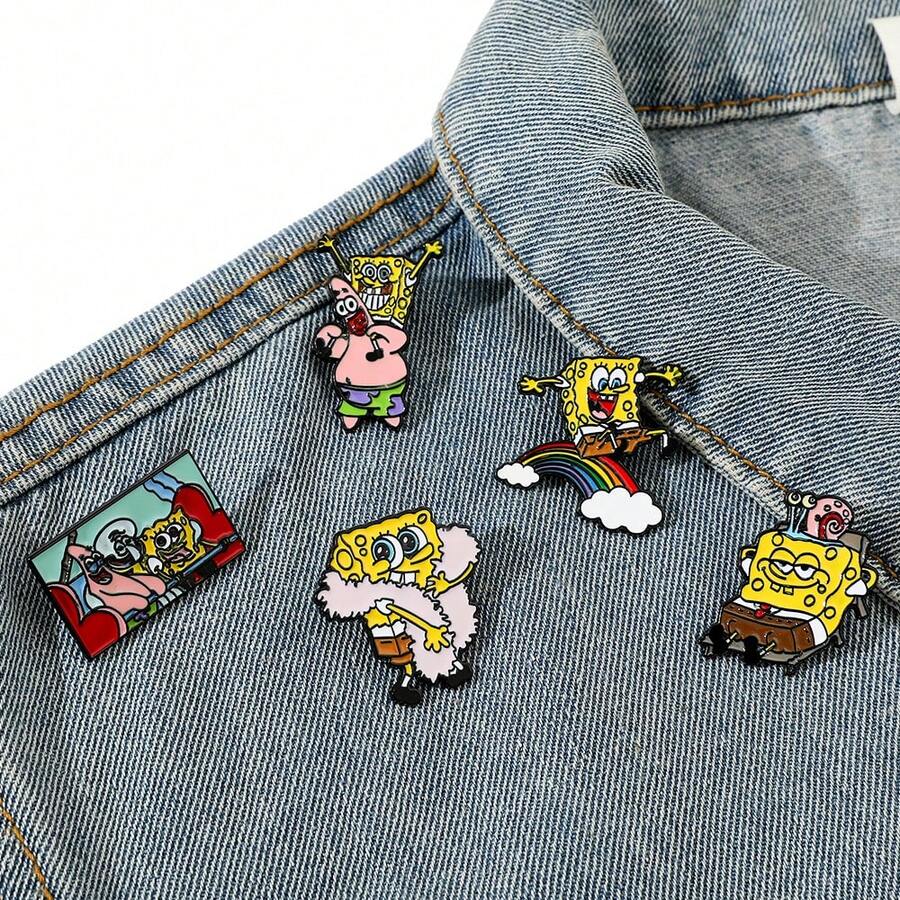 SpongeBob SquarePants 海绵宝宝 1/5 件时尚卡通胸针个性化海绵宝宝珐琅别针金属徽章珠宝服装背包配饰礼物送给朋友 - 均碼 - 查看 1