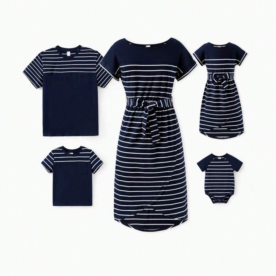 PatPat Navy Blue Striped Matching Family Outfits Cotton Stripe Casual Summer T-Shirt & Short-Sleeve Belted Dress For Mom, Dad, Kids & Baby Classic Nautical Family Look - 藍色 - 查看 1