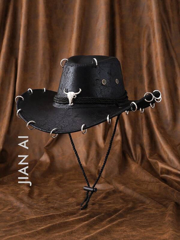 1 pieza Sombrero de vaquero de piel de PU de unicolor unisex, con decoración de metal 3D en forma de toro, ala ancha para protección solar, nuevo estilo vintage cyberpunk de moda punk con correa ajustable, adecuado para fiestas, eventos con temática occidental, reuniones, cosplay, graduación, mascarada, festivales, cumpleaños, festivales de música, actividades al aire libre