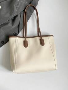 时尚纯色 PU 大容量复古简约托特包休闲单肩包百搭手提包适合女性旅行、购物、钱包、年轻女性、大学生、新婚夫妇、白领。适用于办公室、大学、工作、商务、通勤、户外活动、旅行和郊游 - 白色 - 查看 7