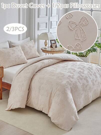 Juego de ropa de cama estilo boho de 2/3 piezas con estampado de lazo en caqui, juego de ropa de cama estilo cottage chic con acolchado jacquard, suave y transpirable (1 funda nórdica + 1/2 fundas de almohada, sin relleno)