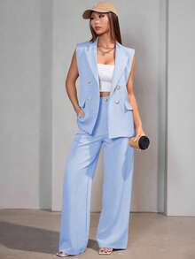 MODA MO, REF: AS-1347 Women's Casual Suit Vest | Elegant Tailored Set | Sophisticated Look | Women's 2-Piece Blazer | Refined Style | Versatile For Casual Or Formal Occasions | Size S, M, L | High Quality | Comfort And Style - 淺藍色 - 查看 6
