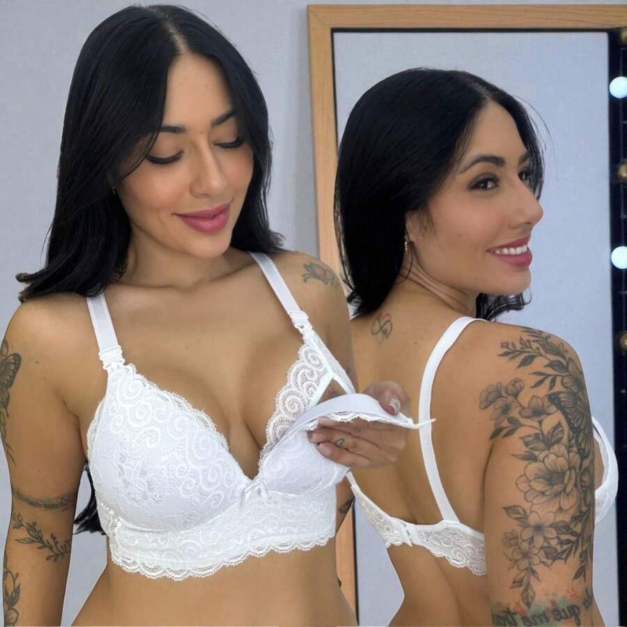 Nursing Bra With Soft Cup, Non-Wrinkle, Lace Breastfeeding - 白色 - 查看 1