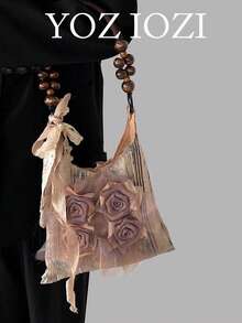 Bolsa de ombro plissada estilo chinês vintage com flor de rosa Batik e axilas, bolsa de ombro grande para passeios diários - Damasco - Ver 1