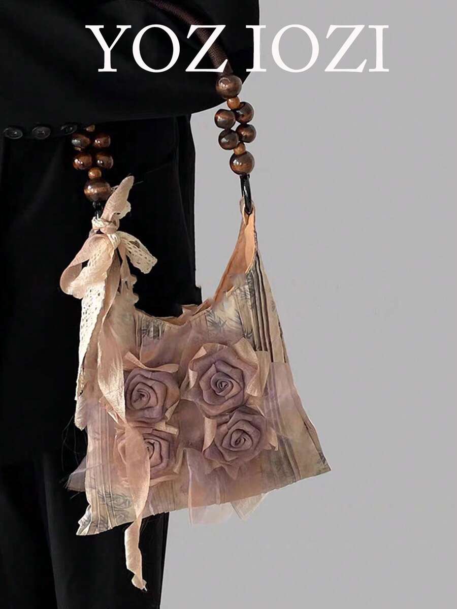 Bolsa de ombro plissada estilo chinês vintage com flor de rosa Batik e axilas, bolsa de ombro grande para passeios diários - Damasco - Ver 1