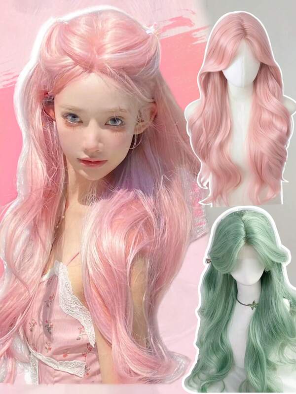 Peruca longa ondulada rosa claro para cosplay, cabelo sintético com franja para meninas/mulheres, peruca Lolita Water Wave Halloween Heat Resitant