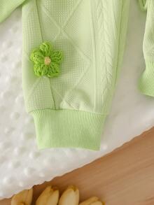 2 件套女婴时尚韩版休闲绿色花卉装饰纹理运动衫和不对称下摆裤子套装，秋冬 - 綠色 - 查看 6