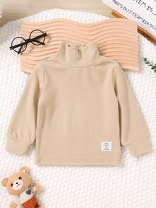 3件套男童休闲可爱T恤套装，柔软舒适，纯色拼接细节长袖高领T恤，秋冬服装 - 彩色 - 查看 5