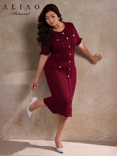 A&A 大码优雅针织镂空收腰美人鱼连衣裙，秋季连衣裙，返校季连衣裙，适合身材丰满的女性，适合老派富贵人士，也可作为婚礼宾客礼服。