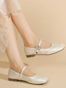 Square Toe Slip-On Flats, Fashion New French Style Versatile Girl Shoes, Soft Sole Retro Mary Jane Loafers - Beige - View 4