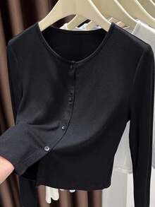 1 件女式不对称纽扣针织开衫，长袖轻质披肩领外套，黑色/白色/灰色/粉色 - 羅紋披肩 - 查看 2