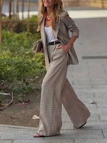 时尚优雅的格纹梭织面料口袋扭结双排扣西装套装，适合度假、秋冬春季穿着。 - 咖啡棕 - 查看 3