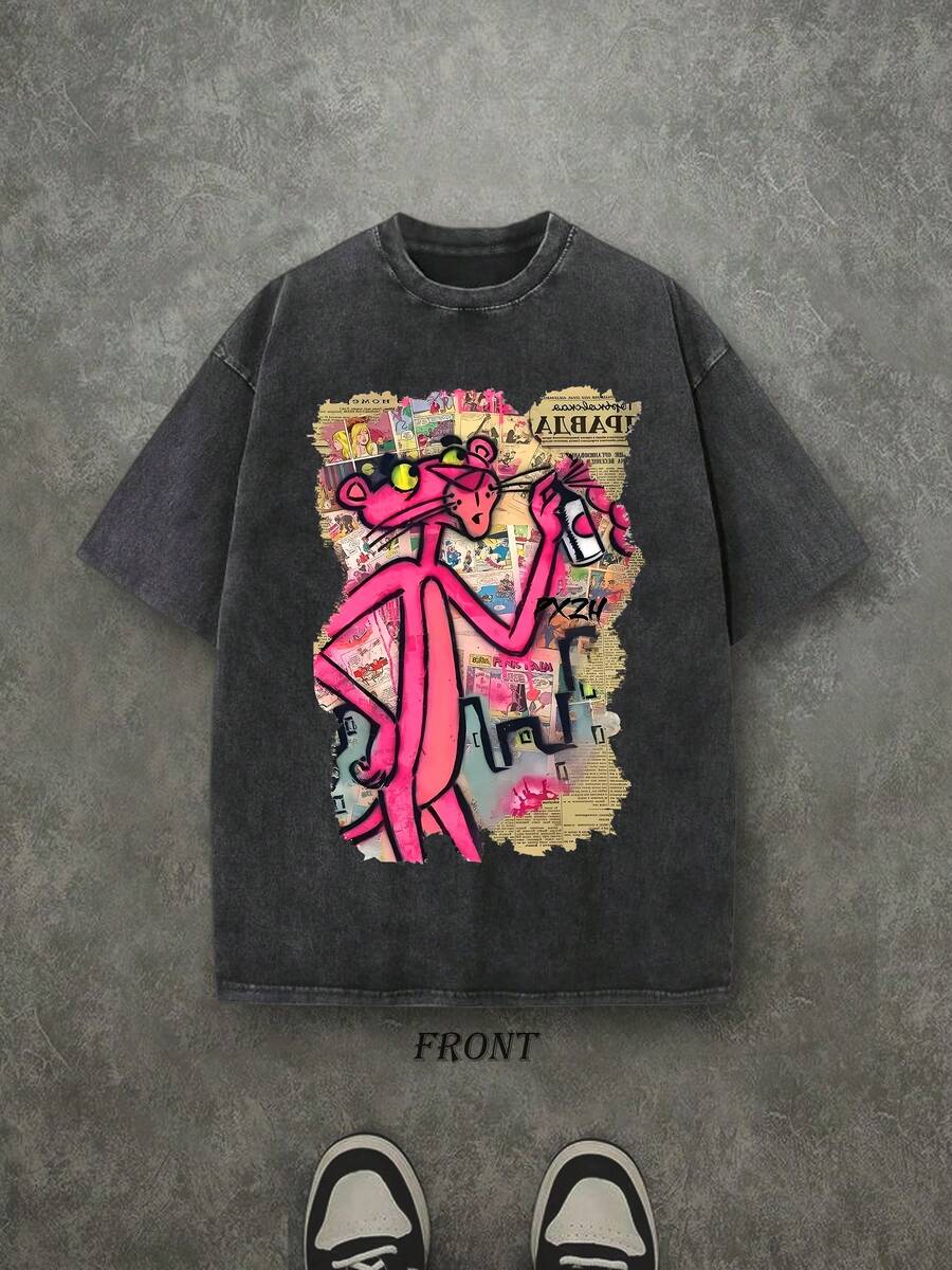Retro Washed T-Shirt Single-Sided Printed (230 Pure Cotton T-Shirt) 'PANTHER' Newspaper And Graffiti Pattern Print, Mens TShirt, Mens Shirt Casual, Comfortable, Fashionable T-Shirt, Street Style Cotton - 黑色 - 查看 1