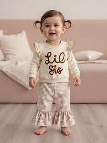 Sister Matching Outfits Long Sleeve Sweatshirt + Plaid Flare Pants Set Toddler Clothes - White - View 9